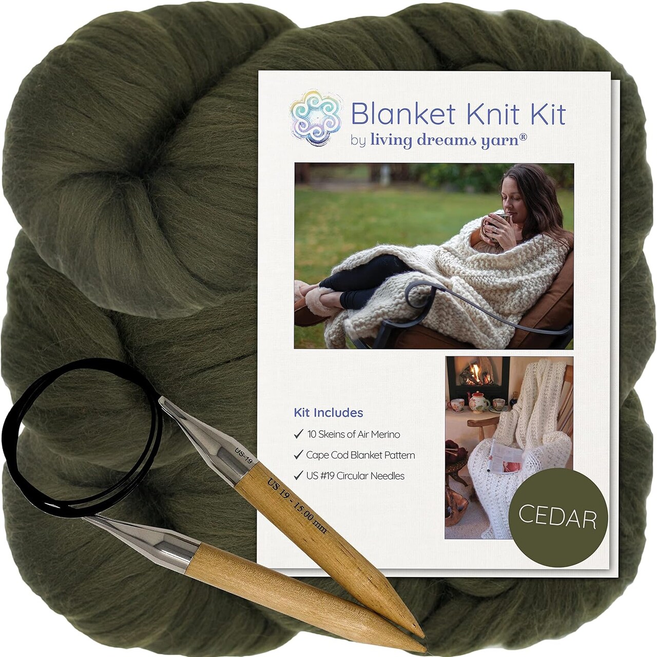 DIY Merino Wool Blanket Knitting Kit: Soft and Thick #7 Weight Jumbo Yarn, Knitting Needles and Pattern. Soft, Cozy, Great for Gifts